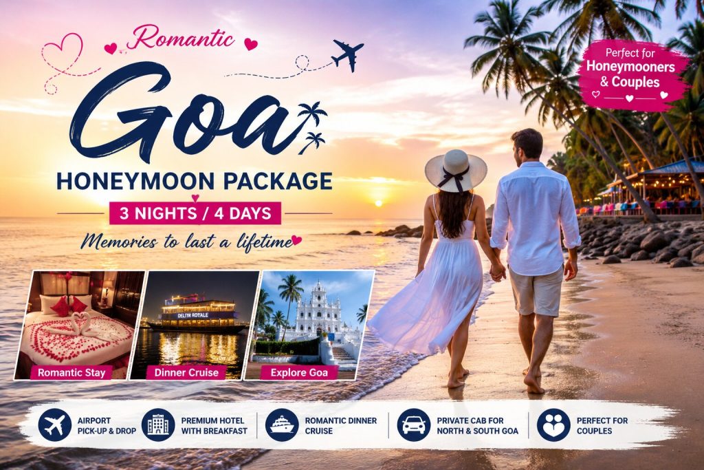 Romantic 3 Nights 4 Days Goa honeymoon package for couples with beach sunset and dinner cruise