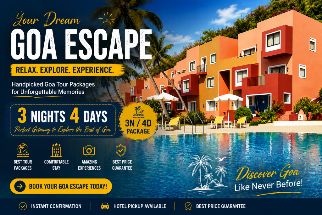 3 Nights 4 Days Goa Tour Package featuring a luxury resort with swimming pool and palm trees, perfect for couples, families, and holiday travelers.