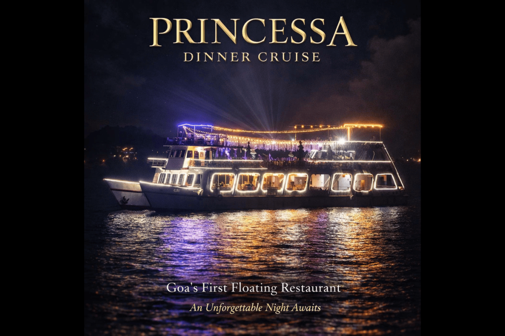 Princesa Dinner Cruise Goa sailing on the Mandovi River at night with illuminated deck, buffet dinner, live DJ, and entertainment.