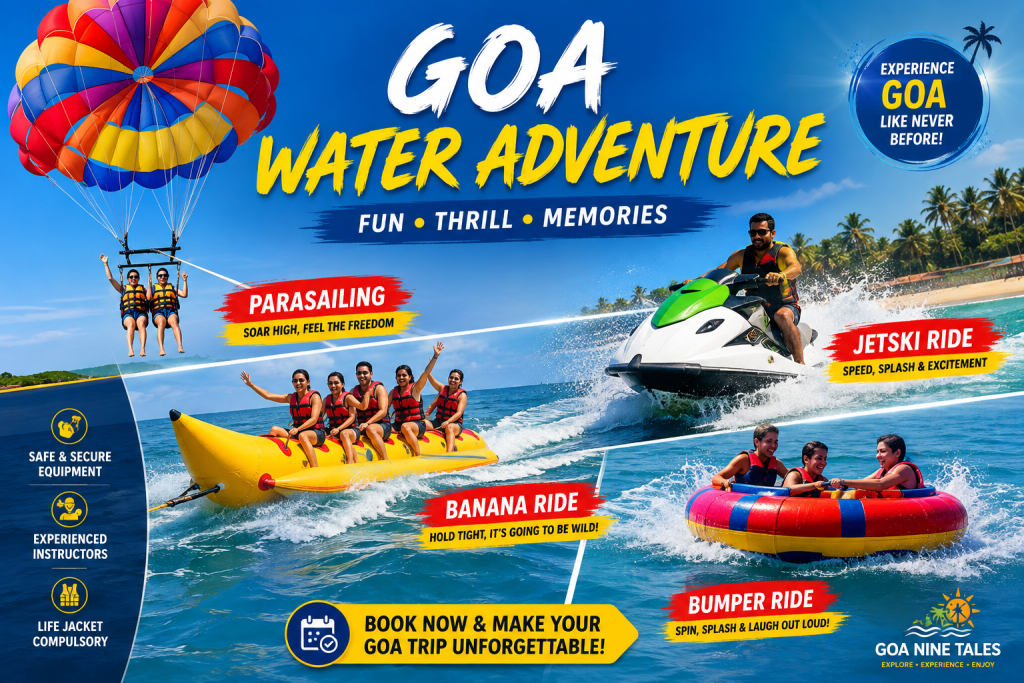 Goa water sports featuring parasailing, jet ski ride, banana boat ride and bumper ride