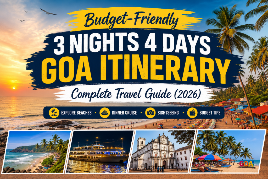 Plan the perfect 3 Nights 4 Days Goa itinerary with sightseeing, dinner cruise, beaches, hotels, and budget travel tips for 2026.