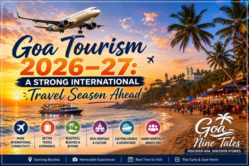 Goa Tourism 2026–27 featured image showing a Goa beach, international charter aircraft, palm trees, and sunset skyline representing a strong international travel season.