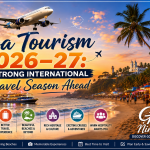 Goa Tourism 2026–27 featured image showing a Goa beach, international charter aircraft, palm trees, and sunset skyline representing a strong international travel season.