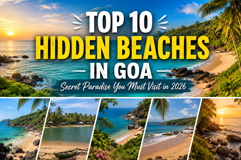 Top 10 Hidden Beaches in Goa 2026 featuring Butterfly Beach, Cola Beach, Kakolem Beach, and other secret beaches with turquoise waters and tropical scenery.