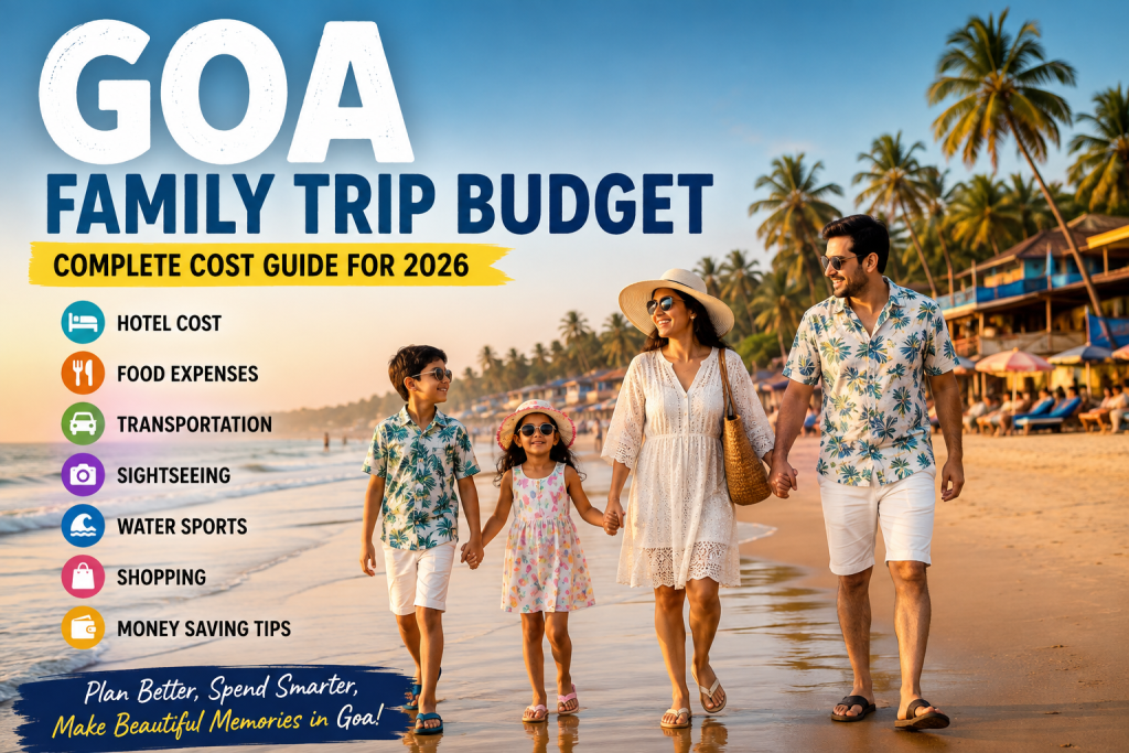 Happy Indian family enjoying a budget-friendly vacation on a beautiful Goa beach in 2026